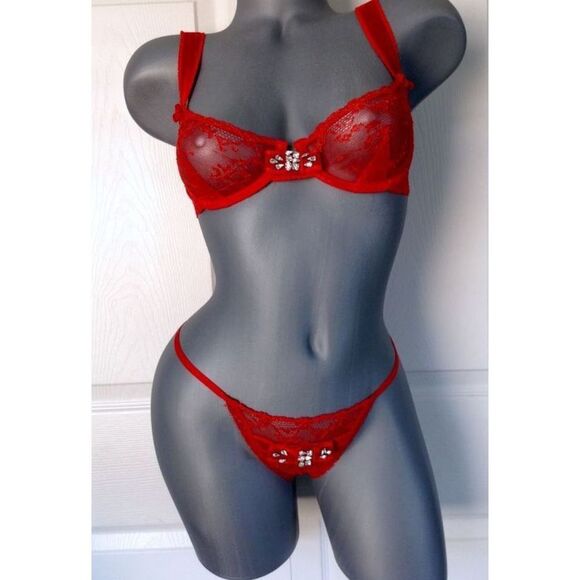 Victoria's Secret DESIGNER COLLECTION 32C,36C BRA SET+garter RED velvet Swarovsk - Picture 5 of 11